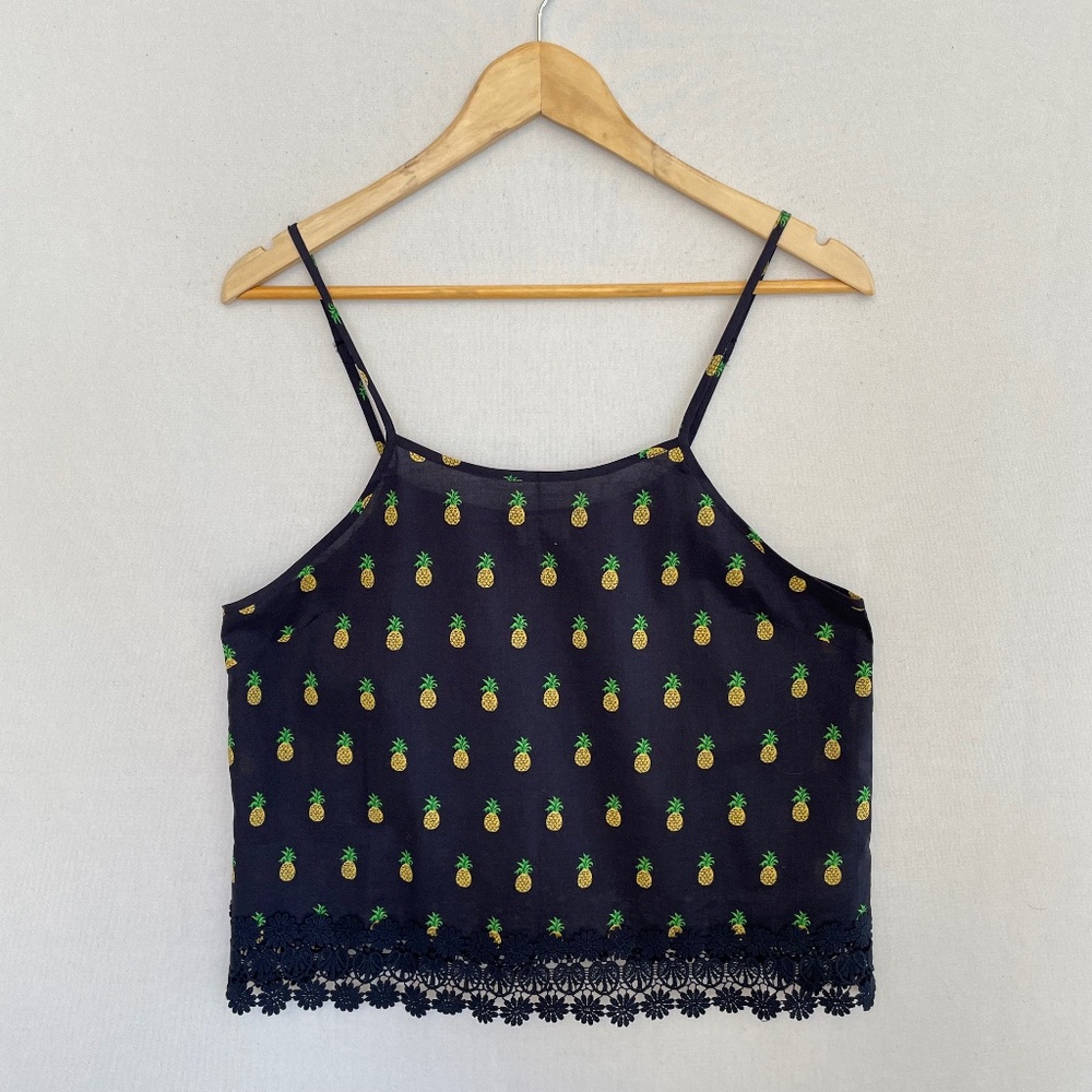 MO:VINT Women’s Large Blue Pineapple Print Spaghetti Strap Tank Top 100% Cotton